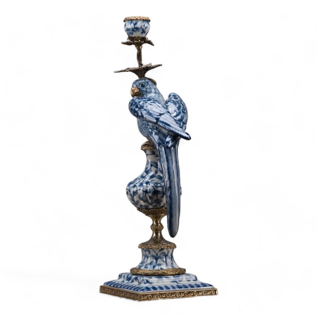 Danny's Fine Porcelain Home Decor Danny's Fine Porcelain 6L X 6W X 19H PORCELAIN PARROT CANDLE HOLDER WITH BRONZE ORMOLU- BLUE AND WHITE (RIGHT) 14050