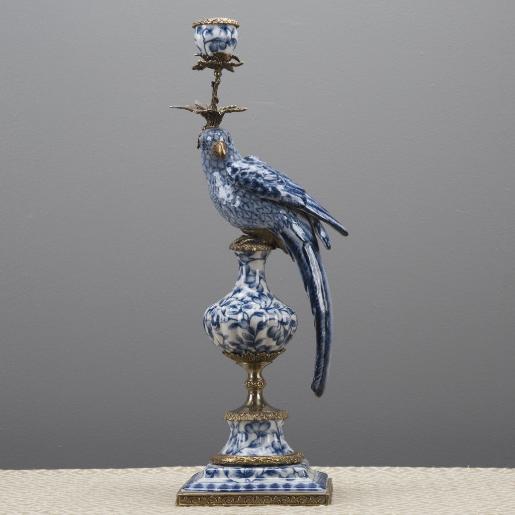 Danny's Fine Porcelain Home Decor Danny's Fine Porcelain 6L X 6W X 19H PORCELAIN PARROT CANDLE HOLDER WITH BRONZE ORMOLU- BLUE AND WHITE (RIGHT) 14050