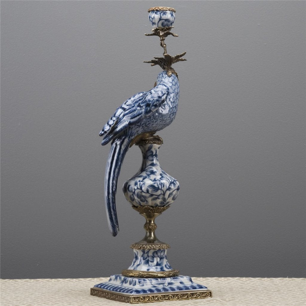 Danny's Fine Porcelain Home Decor Danny's Fine Porcelain 6L X 6W X 19H PORCELAIN PARROT CANDLE HOLDER WITH BRONZE ORMOLU- BLUE AND WHITE (RIGHT) 14050