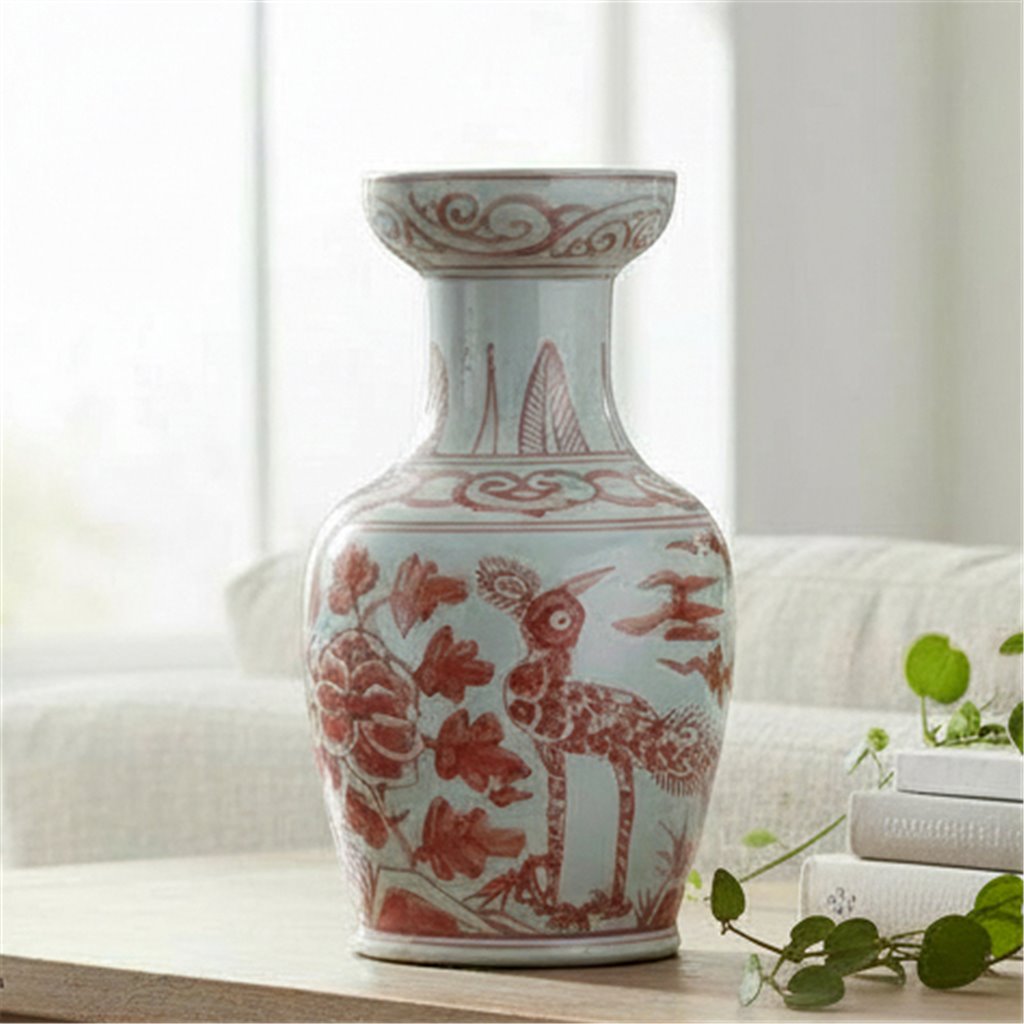 Danny's Fine Porcelain Home Decor Danny's Fine Porcelain Antique Finish Vase-Red Bird. Display It Alone Or with Flowers For