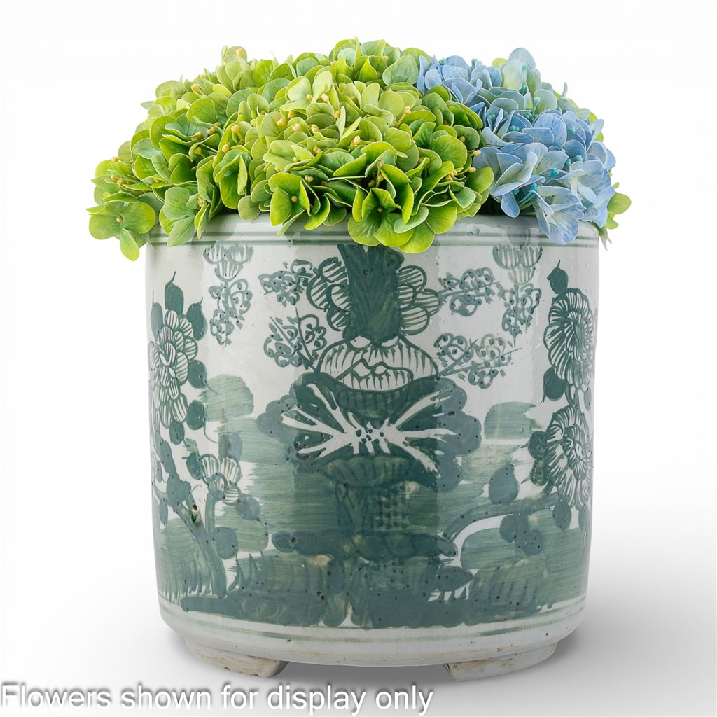Danny's Fine Porcelain Home Decor Danny's Fine Porcelain Antiqued Finish Pot-Teal Green Flower