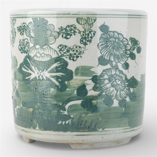 Danny's Fine Porcelain Home Decor Danny's Fine Porcelain Antiqued Finish Pot-Teal Green Flower