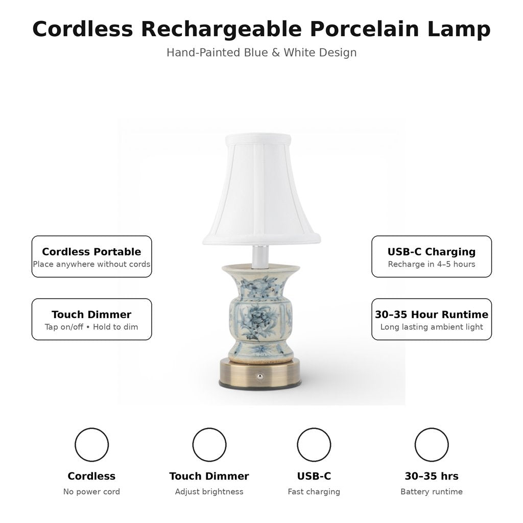 Danny's Fine Porcelain Home Decor Danny's Fine Porcelain Battery Rechargeable Touch Lamp – Blue & White Floral (Min 2)
