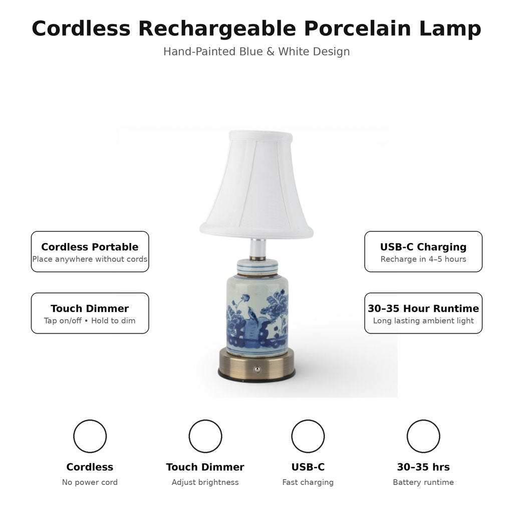 Danny's Fine Porcelain Home Decor Danny's Fine Porcelain Battery Rechargeable Touch Lamp – Blue & White Garden Scene (Min 2)