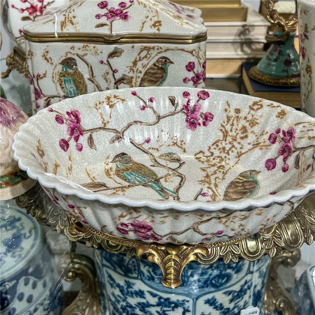 Danny's Fine Porcelain Home Decor Danny's Fine Porcelain Bird Pattern Oval Basin with Bronze Ormolu in Spring Blossoms