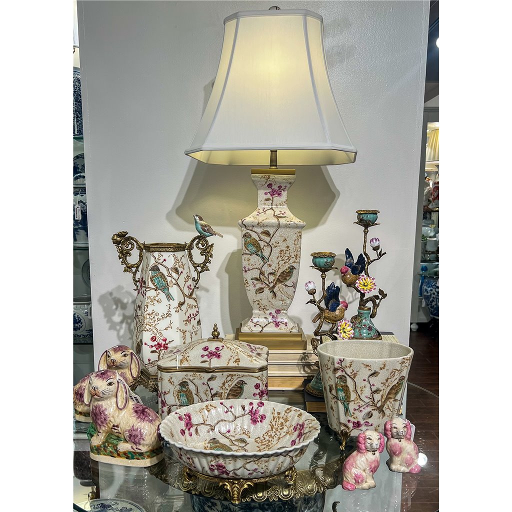 Danny's Fine Porcelain Home Decor Danny's Fine Porcelain Bird Pattern Oval Basin with Bronze Ormolu in Spring Blossoms