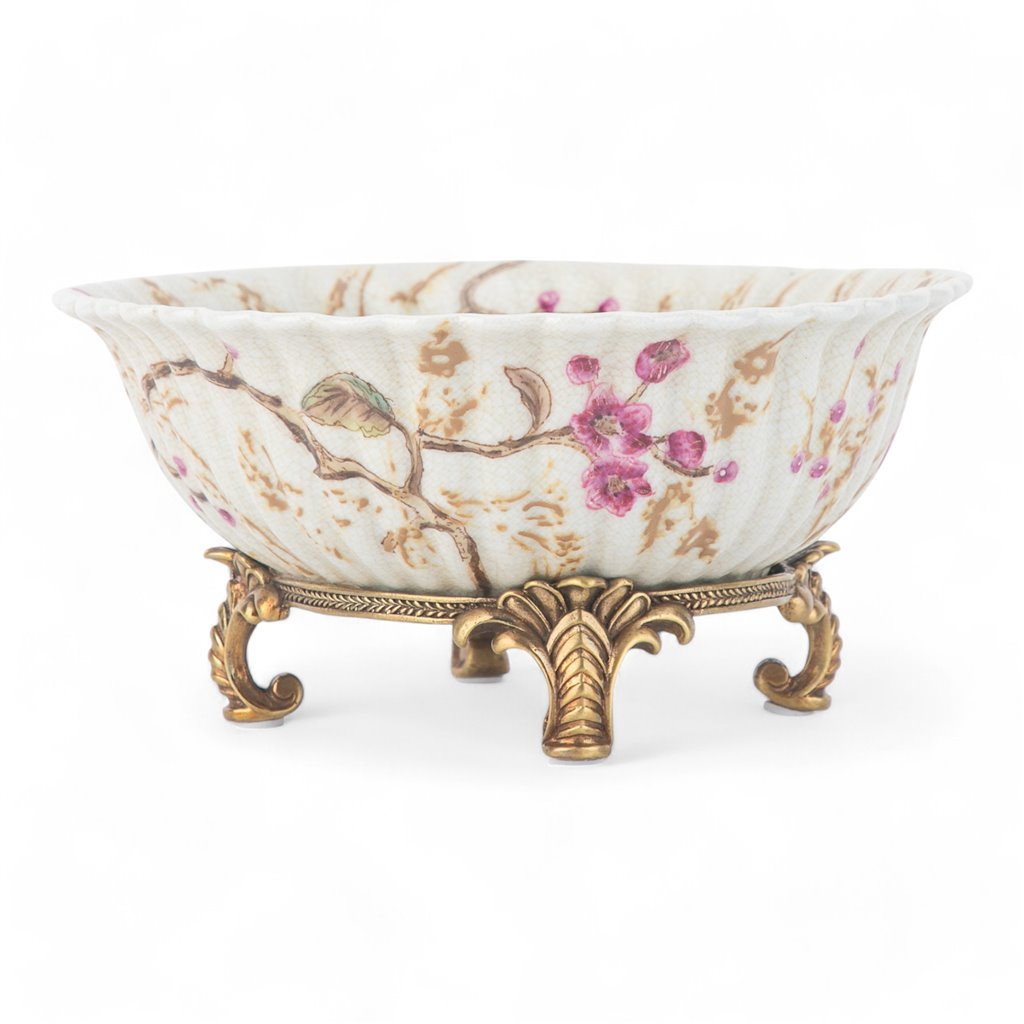 Danny's Fine Porcelain Home Decor Danny's Fine Porcelain Bird Pattern Oval Basin with Bronze Ormolu in Spring Blossoms