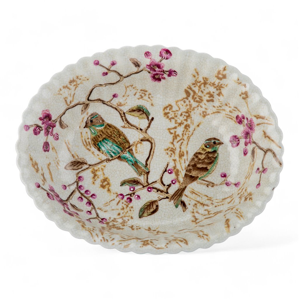 Danny's Fine Porcelain Home Decor Danny's Fine Porcelain Bird Pattern Oval Basin with Bronze Ormolu in Spring Blossoms