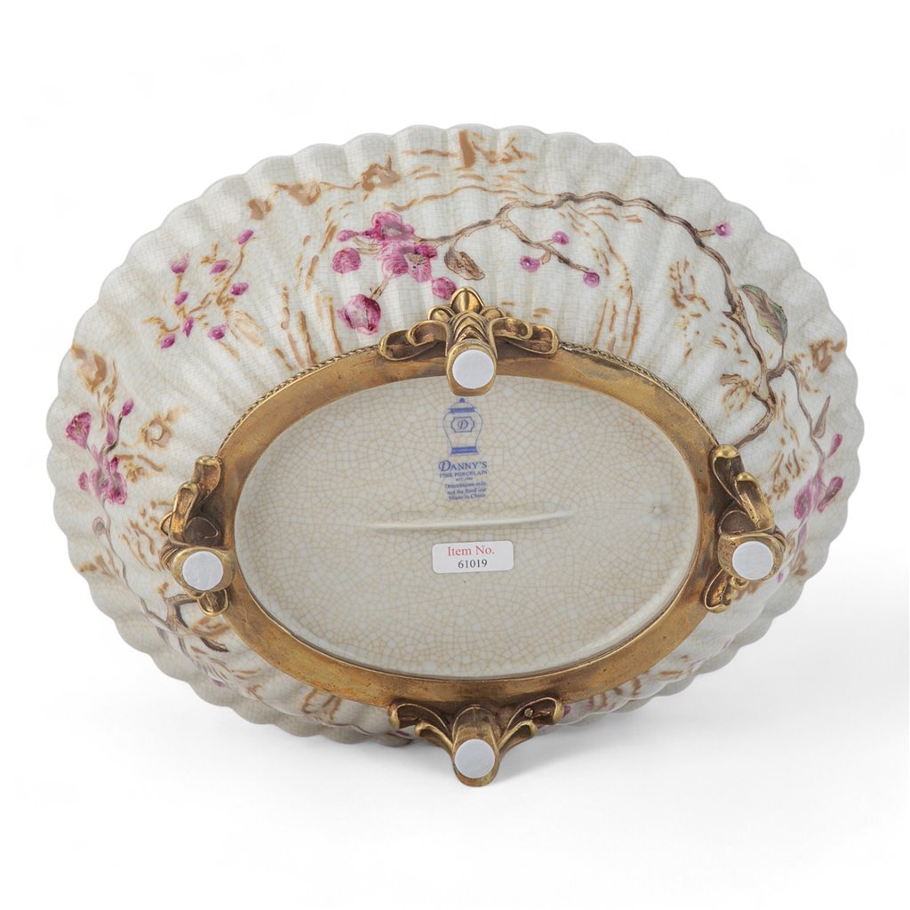 Danny's Fine Porcelain Home Decor Danny's Fine Porcelain Bird Pattern Oval Basin with Bronze Ormolu in Spring Blossoms