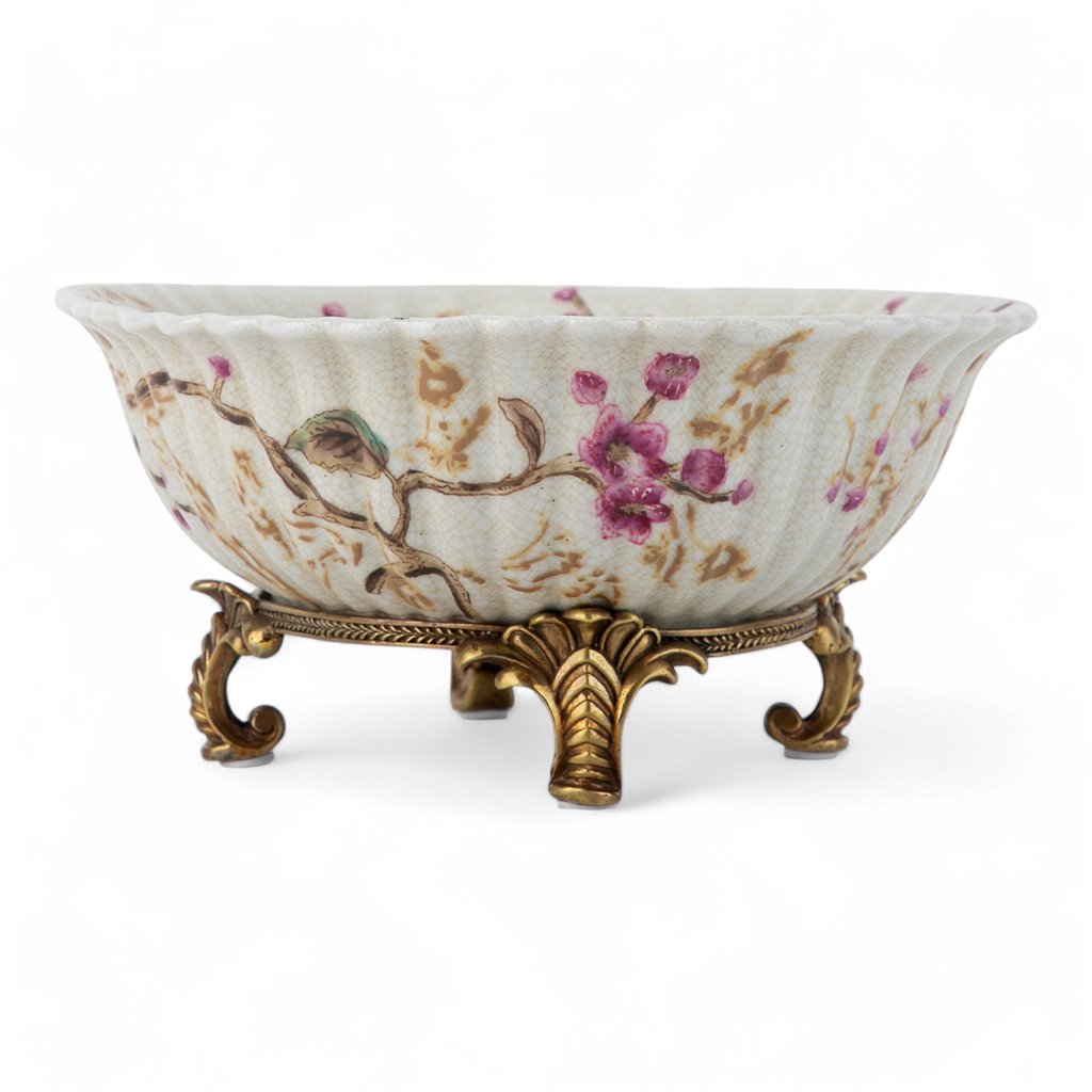Danny's Fine Porcelain Home Decor Danny's Fine Porcelain Bird Pattern Oval Basin with Bronze Ormolu in Spring Blossoms