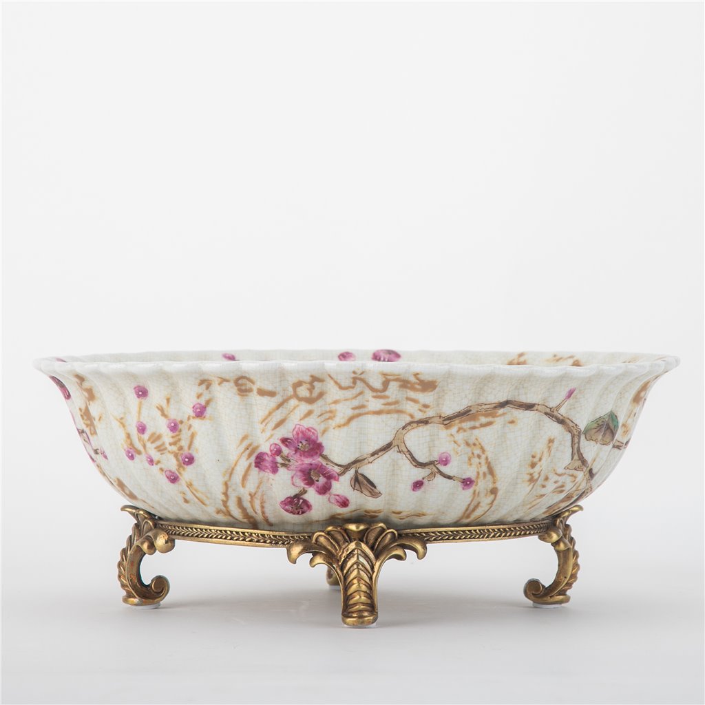 Danny's Fine Porcelain Home Decor Danny's Fine Porcelain Bird Pattern Oval Basin with Bronze Ormolu in Spring Blossoms