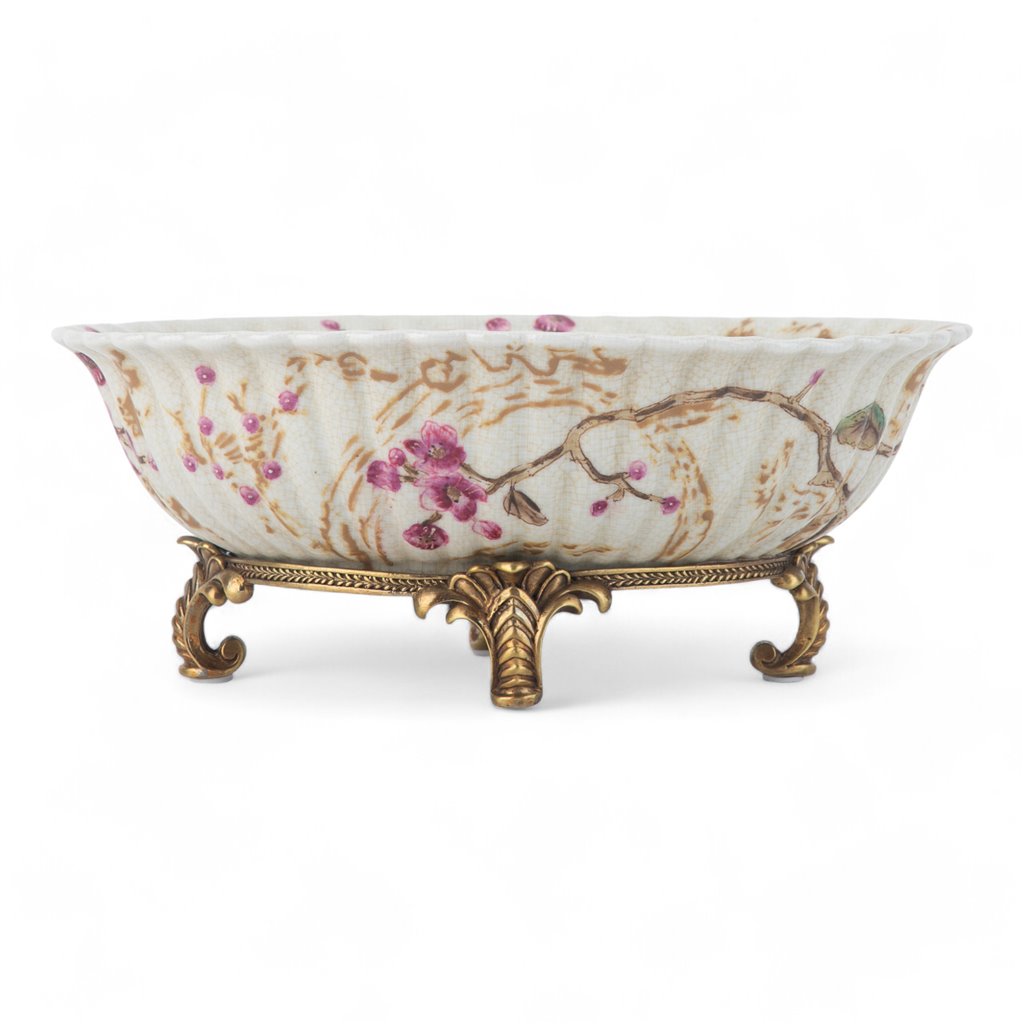 Danny's Fine Porcelain Home Decor Danny's Fine Porcelain Bird Pattern Oval Basin with Bronze Ormolu in Spring Blossoms