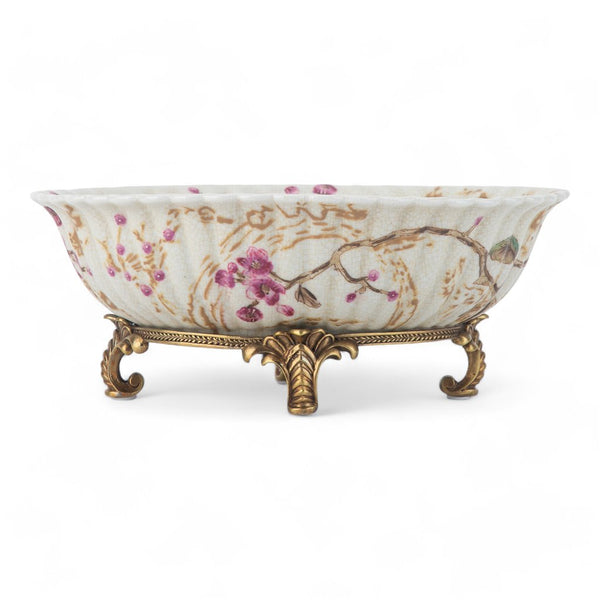 Danny's Fine Porcelain Home Decor Danny's Fine Porcelain Bird Pattern Oval Basin with Bronze Ormolu in Spring Blossoms