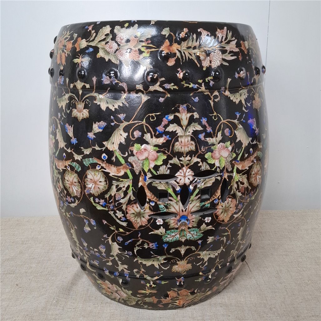 Danny's Fine Porcelain Home Decor Danny's Fine Porcelain Black Floral Porcelain Garden Stool - CLOSEOUT