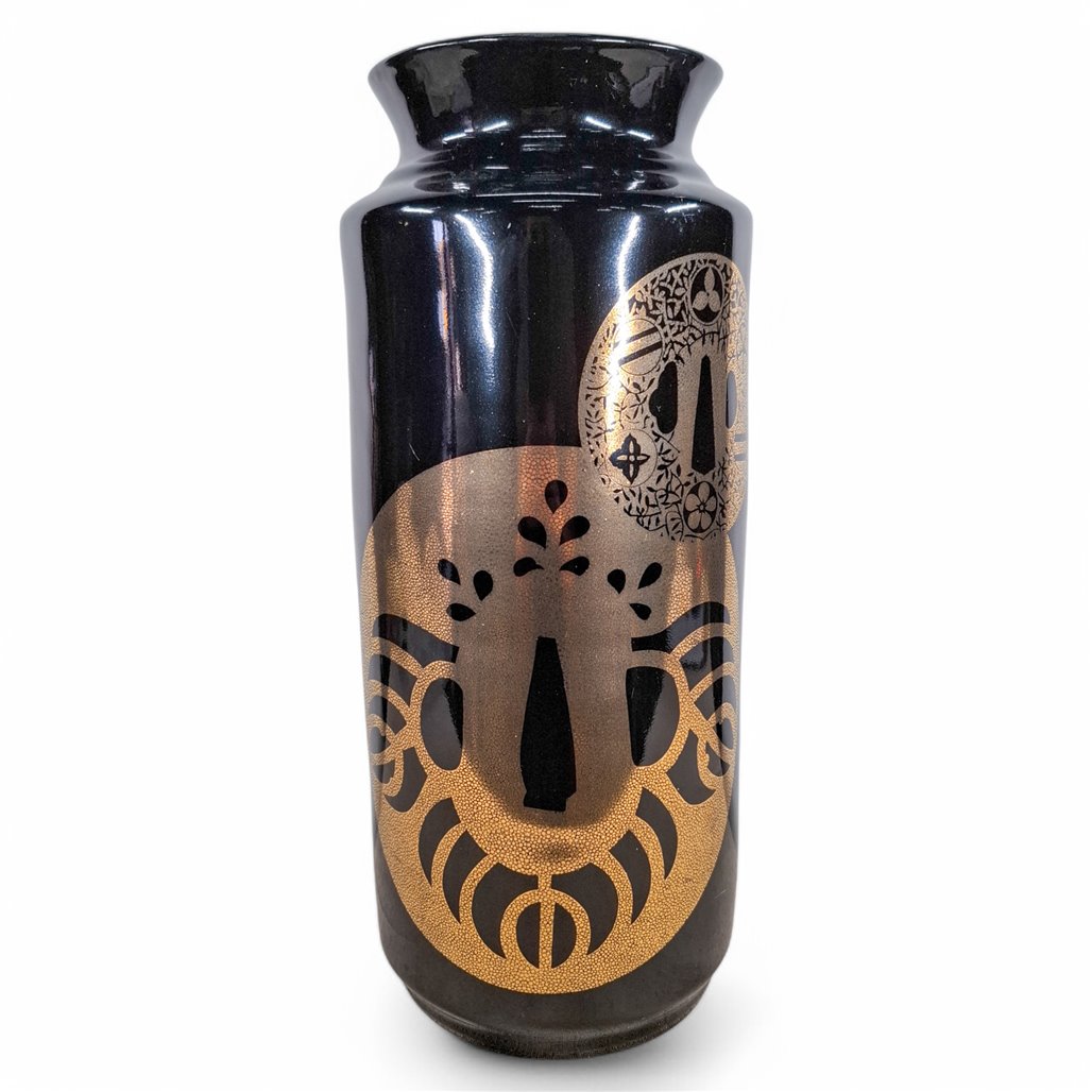 Danny's Fine Porcelain Home Decor Danny's Fine Porcelain Black Gold Vasetall Black Cylindrical Vase Decorated with Bold Gold - CLOSEOUT SAMPLE SALE