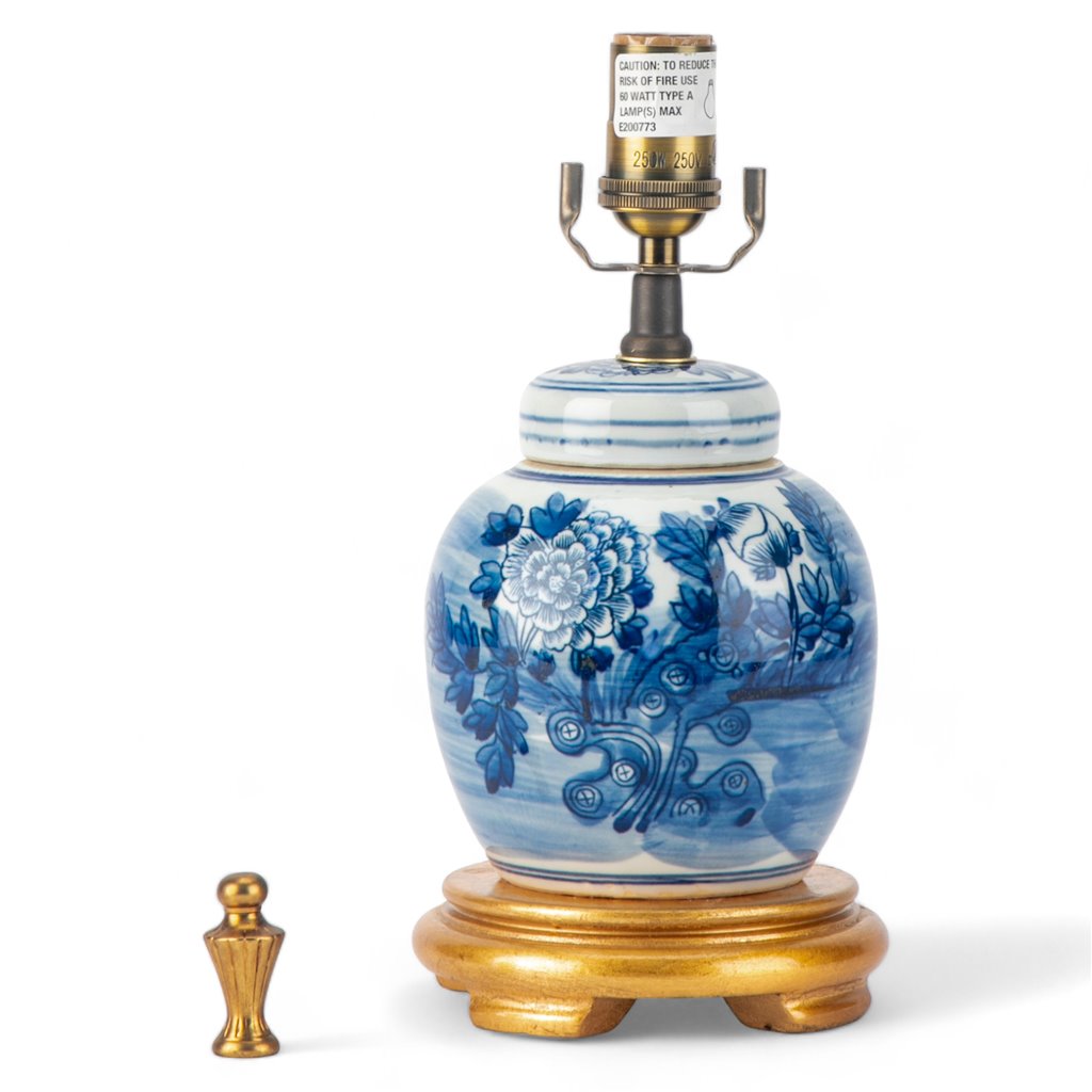 Danny's Fine Porcelain Home Decor Danny's Fine Porcelain Blue & White Bulb Jar Lamp-Flower - Gold Wood Base