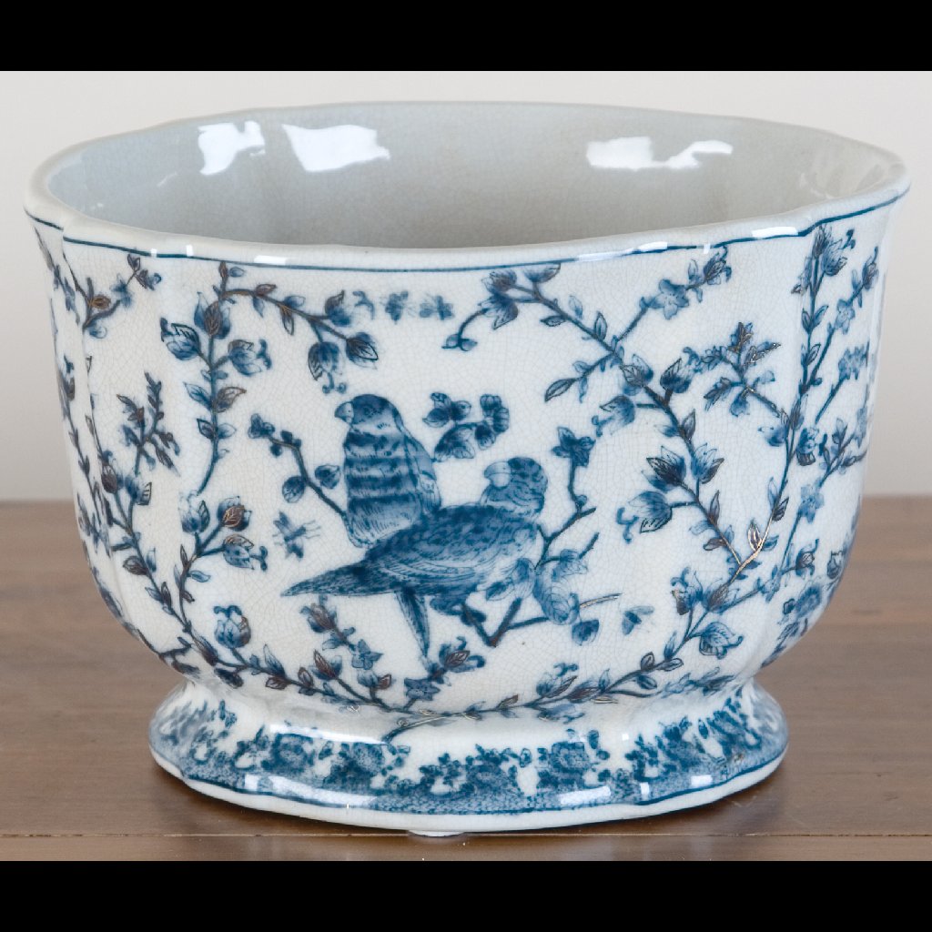 Danny's Fine Porcelain Home Decor Danny's Fine Porcelain Blue & White Floral & Bird Pattern Round Scallop Planter Real Gold