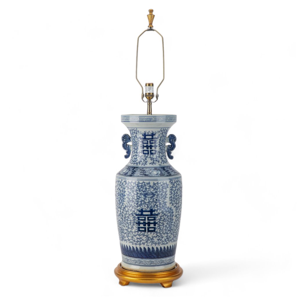 Danny's Fine Porcelain Home Decor Danny's Fine Porcelain Blue & White Gold Base Lamp -Double Happiness
