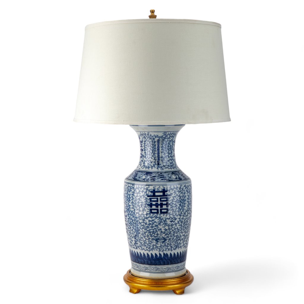 Danny's Fine Porcelain Home Decor Danny's Fine Porcelain Blue & White Gold Base Lamp -Double Happiness