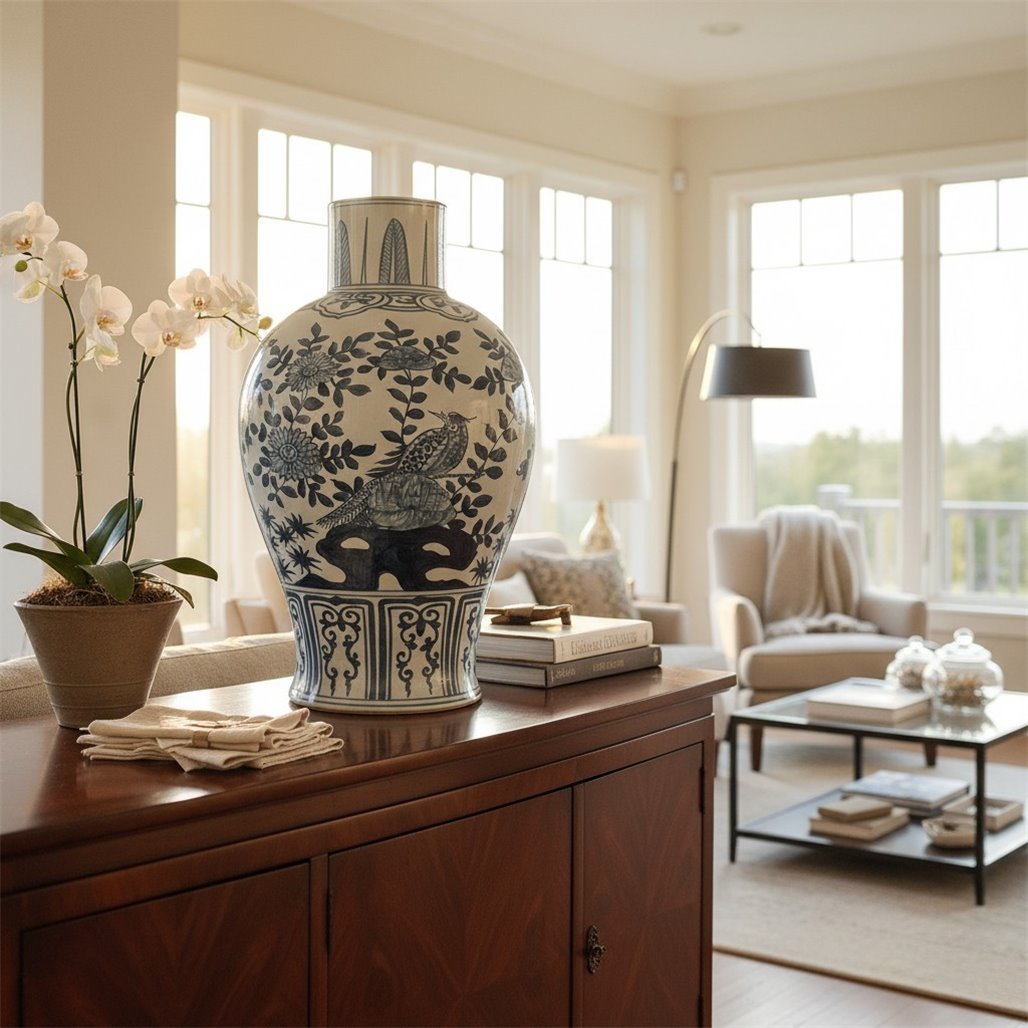 Danny's Fine Porcelain Home Decor Danny's Fine Porcelain Blue & White Porcelain Bird & Floral Vase Elevate Your Home with