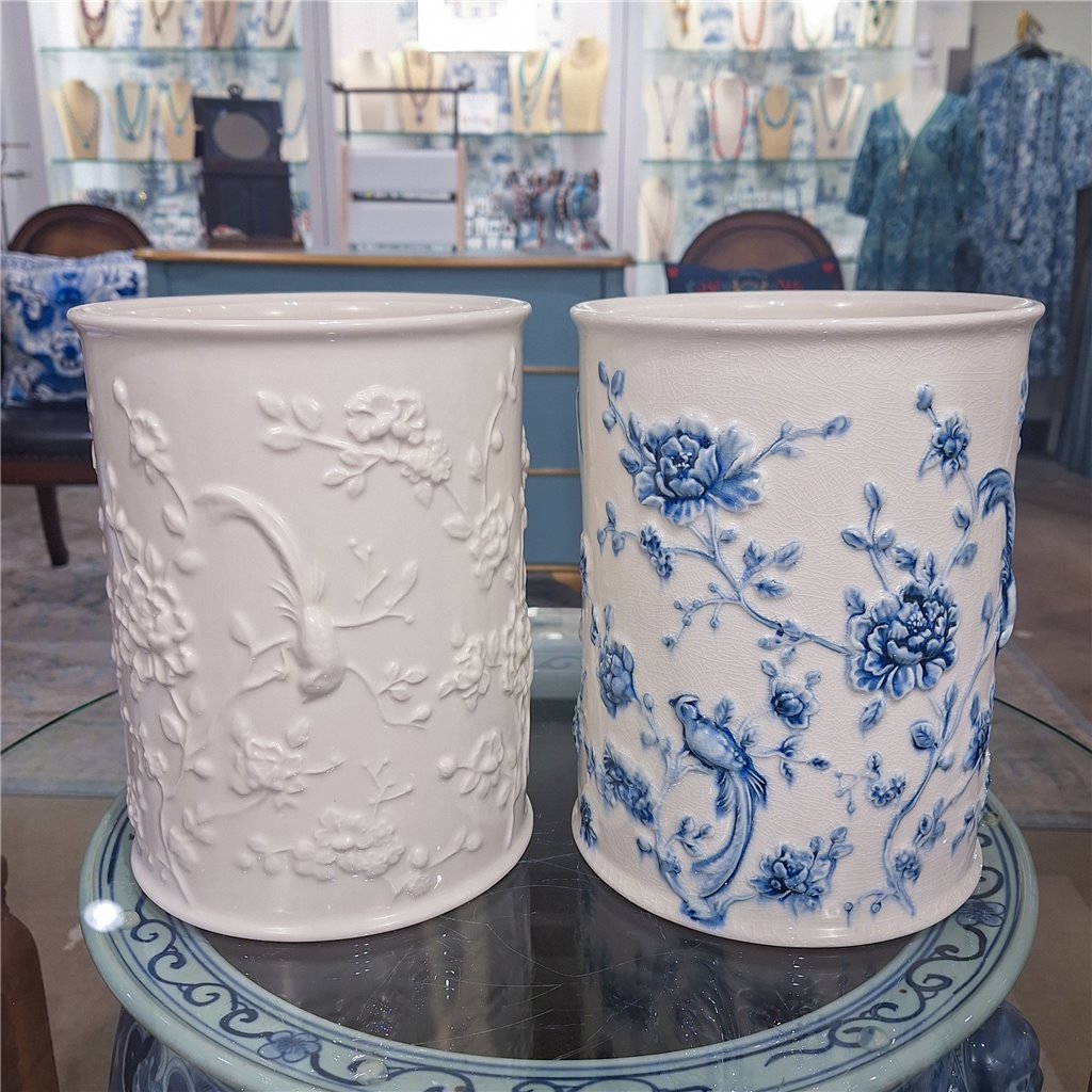 Danny's Fine Porcelain Home Decor Danny's Fine Porcelain Blue & White Round Waste Bin in Embossed Bird Pattern