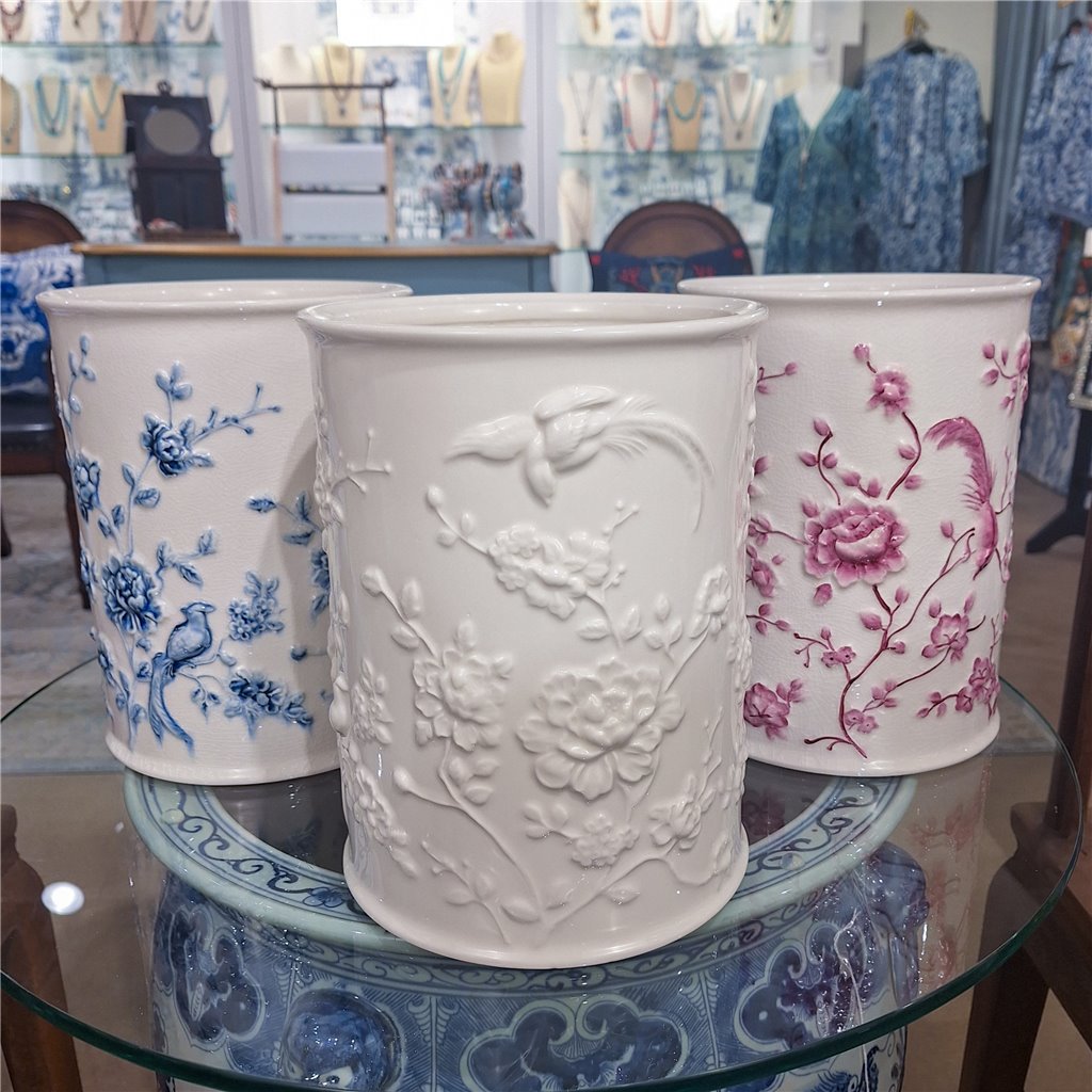 Danny's Fine Porcelain Home Decor Danny's Fine Porcelain Blue & White Round Waste Bin in Embossed Bird Pattern