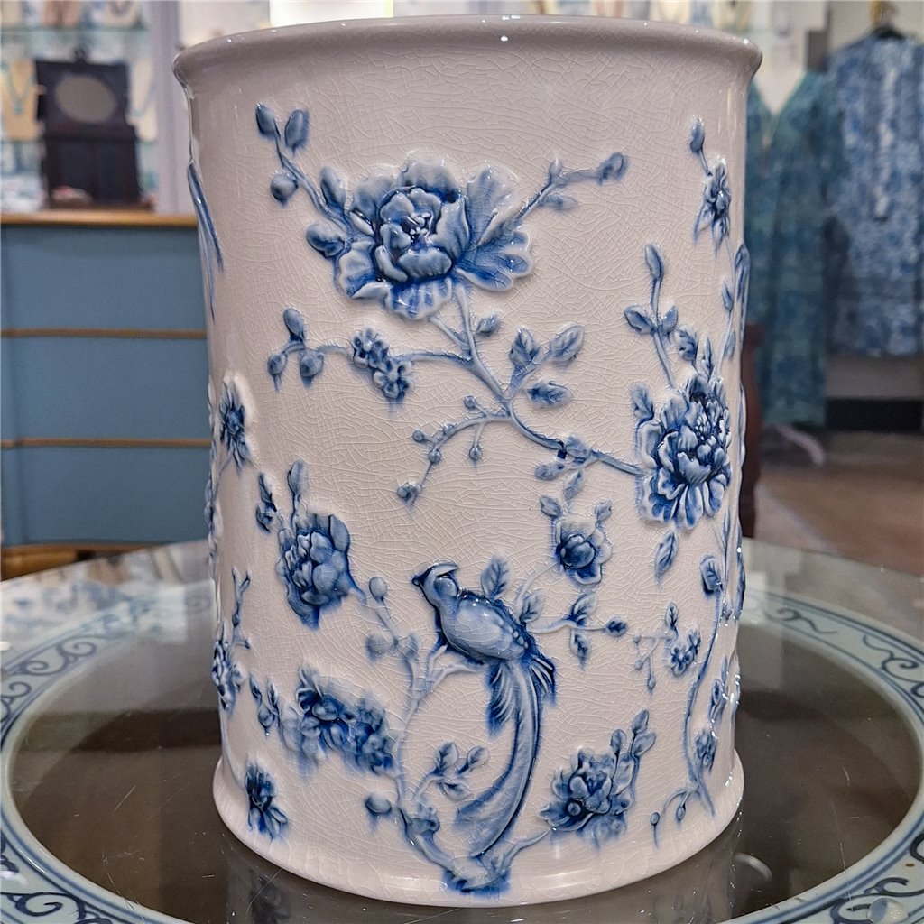Danny's Fine Porcelain Home Decor Danny's Fine Porcelain Blue & White Round Waste Bin in Embossed Bird Pattern
