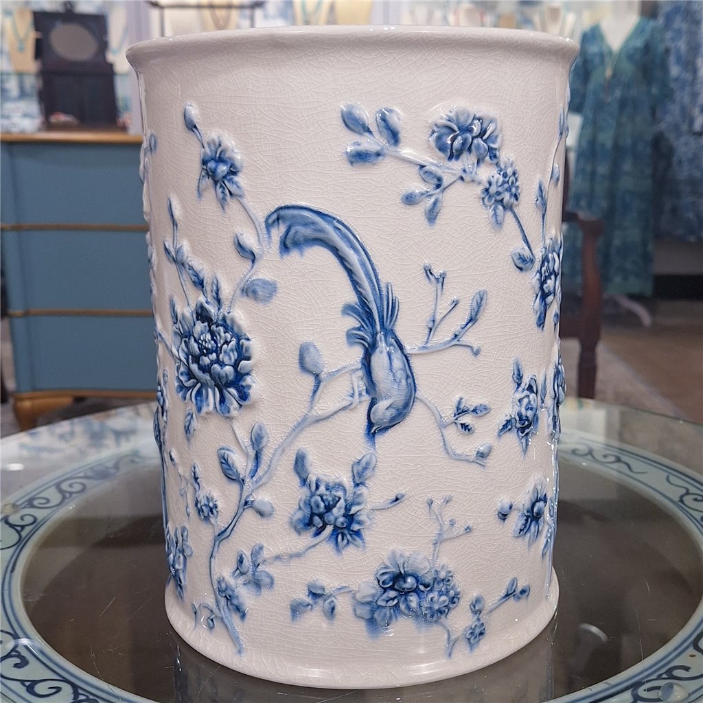 Danny's Fine Porcelain Home Decor Danny's Fine Porcelain Blue & White Round Waste Bin in Embossed Bird Pattern