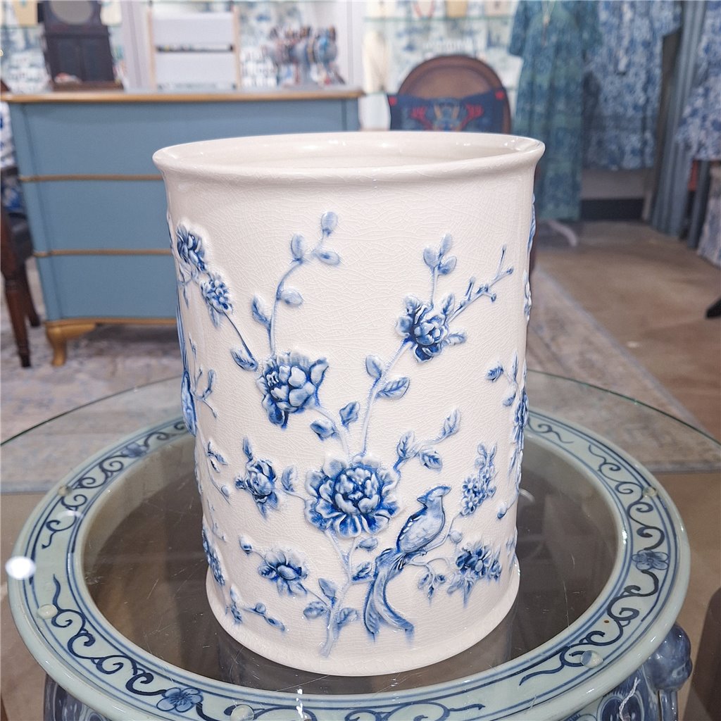 Danny's Fine Porcelain Home Decor Danny's Fine Porcelain Blue & White Round Waste Bin in Embossed Bird Pattern