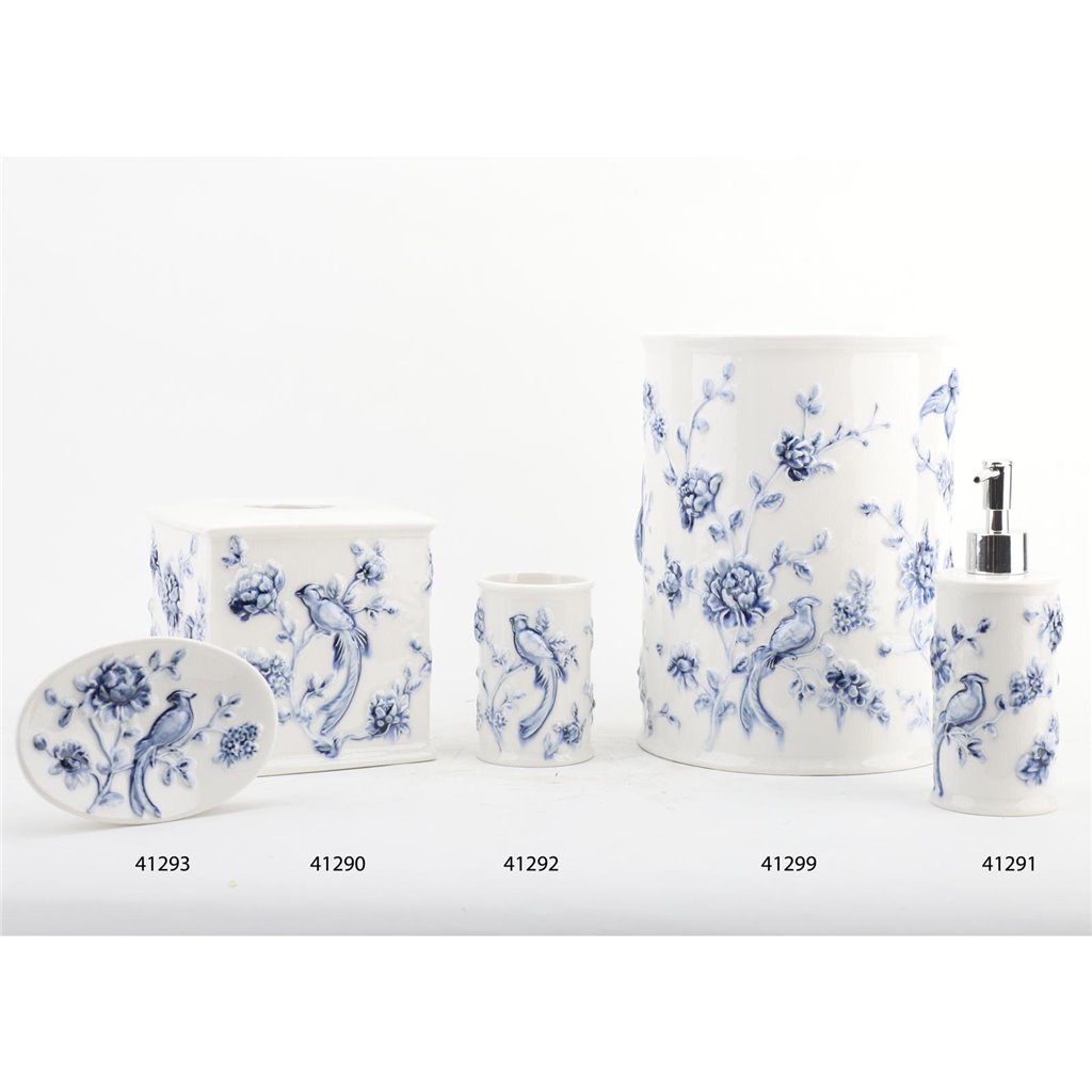 Danny's Fine Porcelain Home Decor Danny's Fine Porcelain Blue & White Round Waste Bin in Embossed Bird Pattern