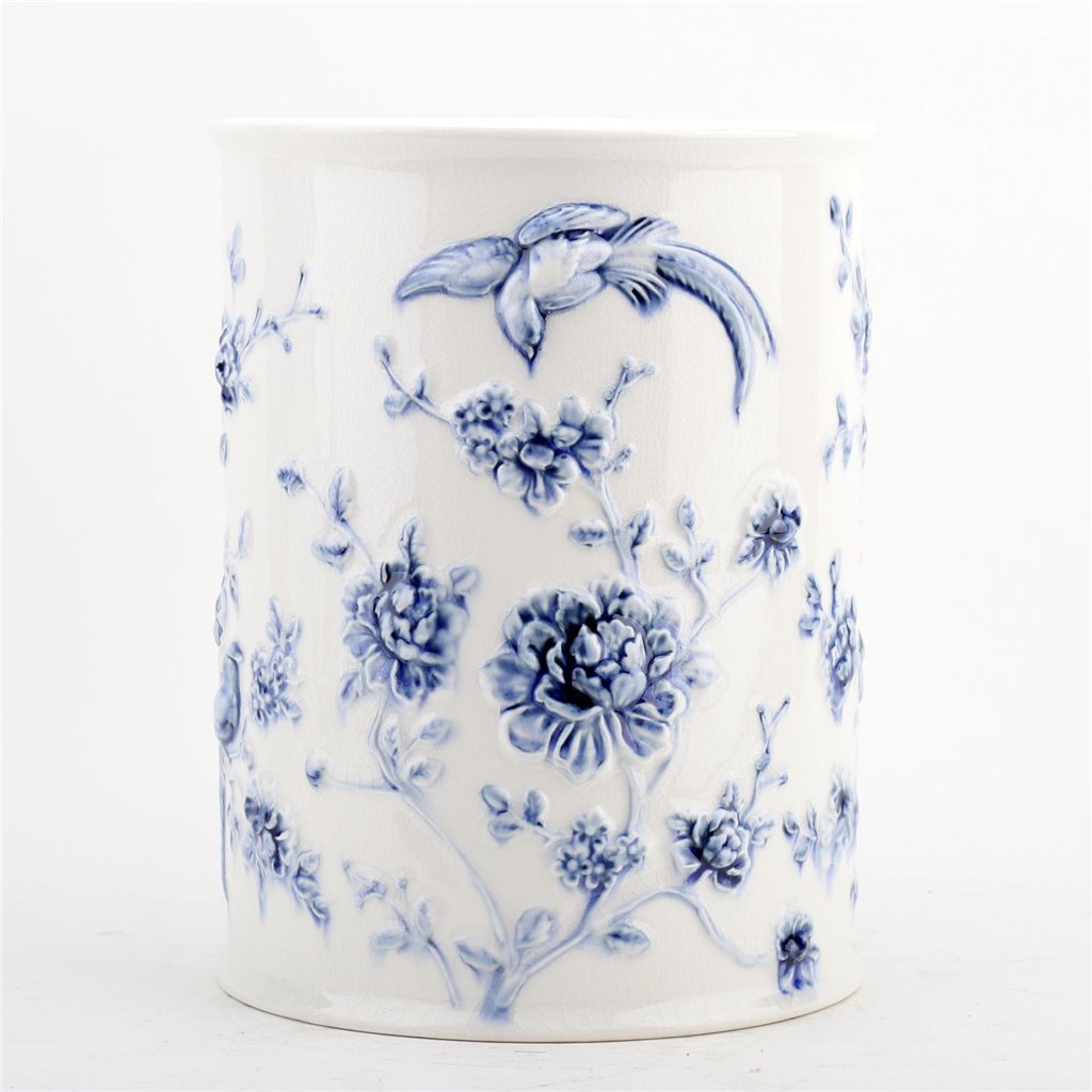 Danny's Fine Porcelain Home Decor Danny's Fine Porcelain Blue & White Round Waste Bin in Embossed Bird Pattern