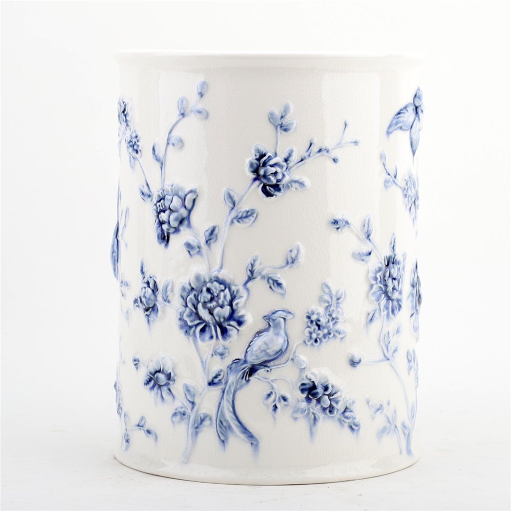 Danny's Fine Porcelain Home Decor Danny's Fine Porcelain Blue & White Round Waste Bin in Embossed Bird Pattern
