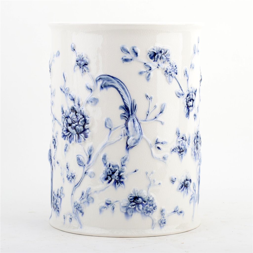 Danny's Fine Porcelain Home Decor Danny's Fine Porcelain Blue & White Round Waste Bin in Embossed Bird Pattern