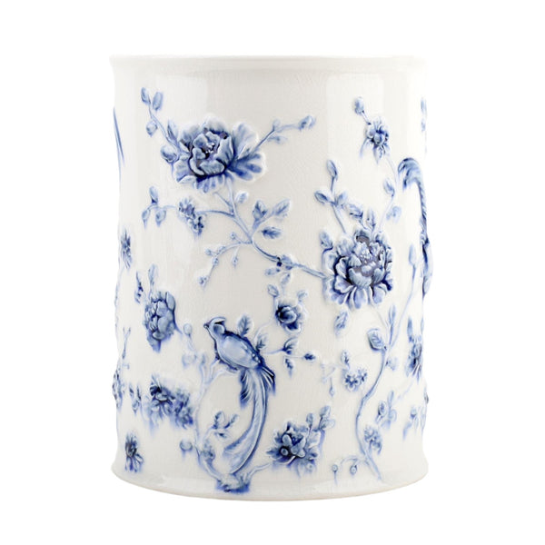 Danny's Fine Porcelain Home Decor Danny's Fine Porcelain Blue & White Round Waste Bin in Embossed Bird Pattern