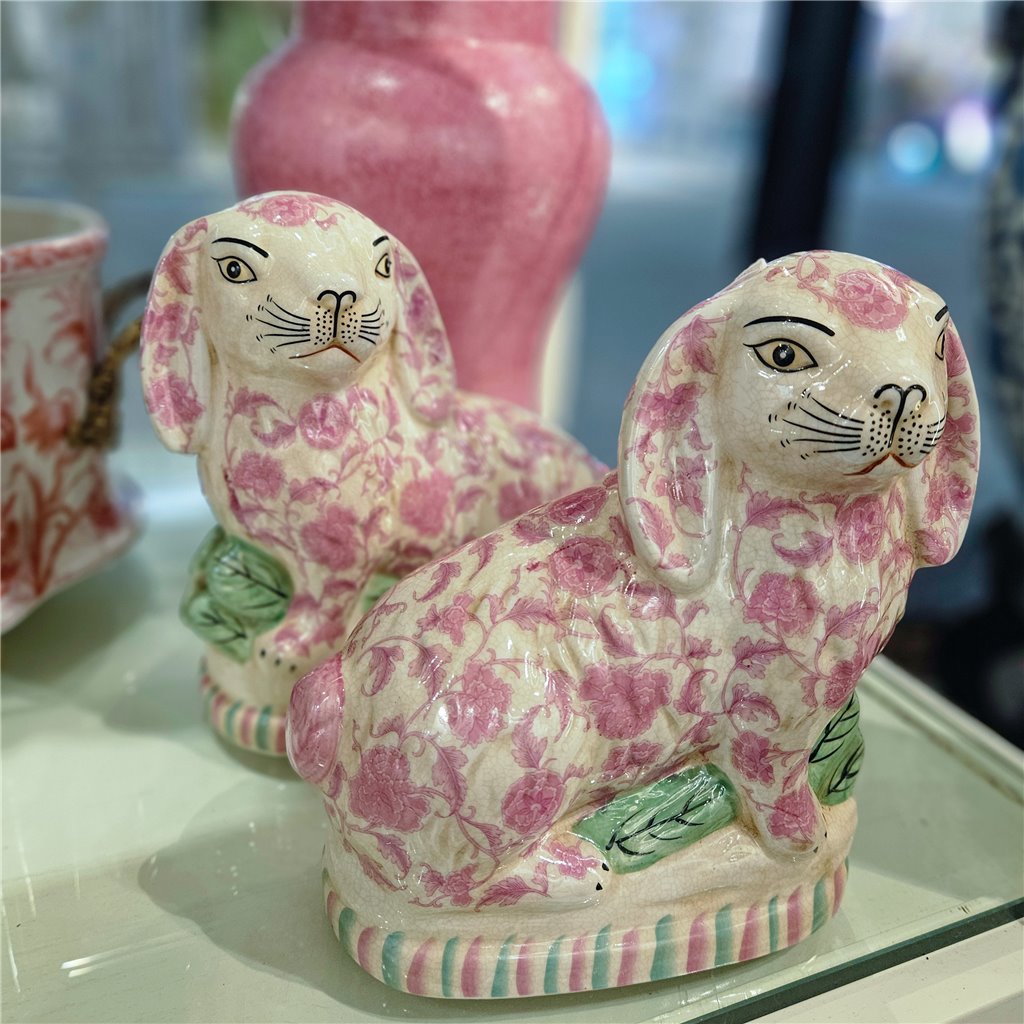 Danny's Fine Porcelain Home Decor Danny's Fine Porcelain Classic Staffordshire Bunnies with A Twist! Lovely Pair of Pink Floral