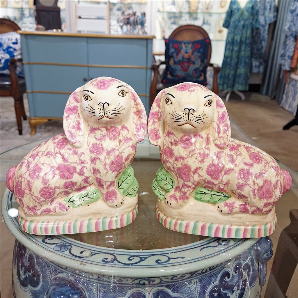 Danny's Fine Porcelain Home Decor Danny's Fine Porcelain Classic Staffordshire Bunnies with A Twist! Lovely Pair of Pink Floral
