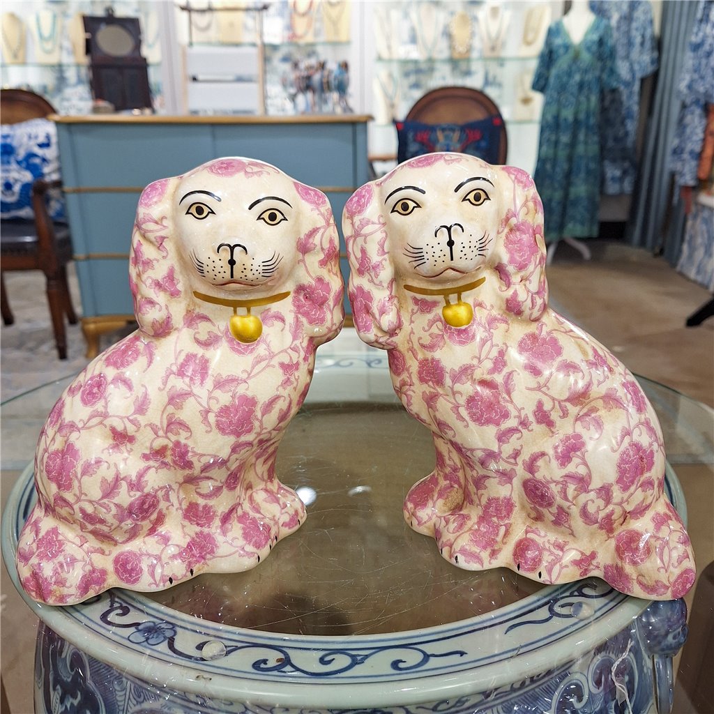 Danny's Fine Porcelain Home Decor Danny's Fine Porcelain Classic Staffordshire Dogs with A Twist! Lovely Pair of Pink Floral