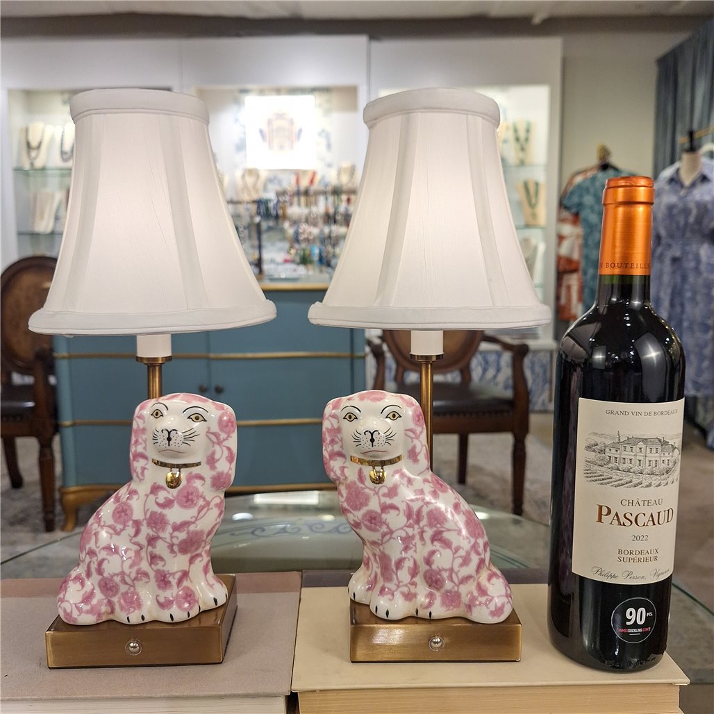 Danny's Fine Porcelain Home Decor Danny's Fine Porcelain Cordless Battery Rechargable Touch Lamp -Pink Floret Dog-Pair - Left and Right
