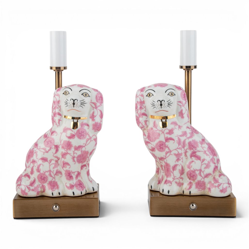 Danny's Fine Porcelain Home Decor Danny's Fine Porcelain Cordless Battery Rechargable Touch Lamp -Pink Floret Dog-Pair - Left and Right