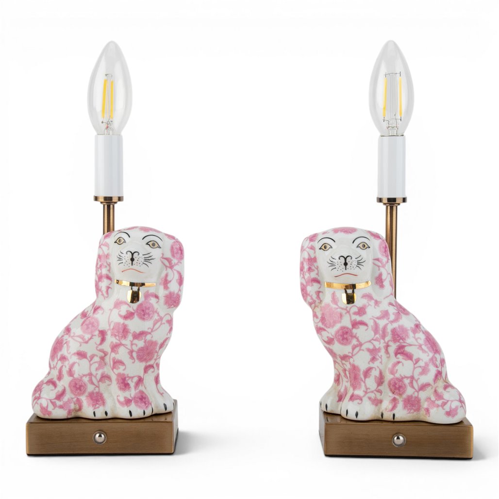 Danny's Fine Porcelain Home Decor Danny's Fine Porcelain Cordless Battery Rechargable Touch Lamp -Pink Floret Dog-Pair - Left and Right