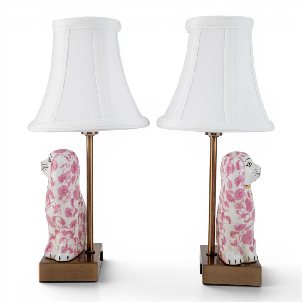 Danny's Fine Porcelain Home Decor Danny's Fine Porcelain Cordless Battery Rechargable Touch Lamp -Pink Floret Dog-Pair - Left and Right