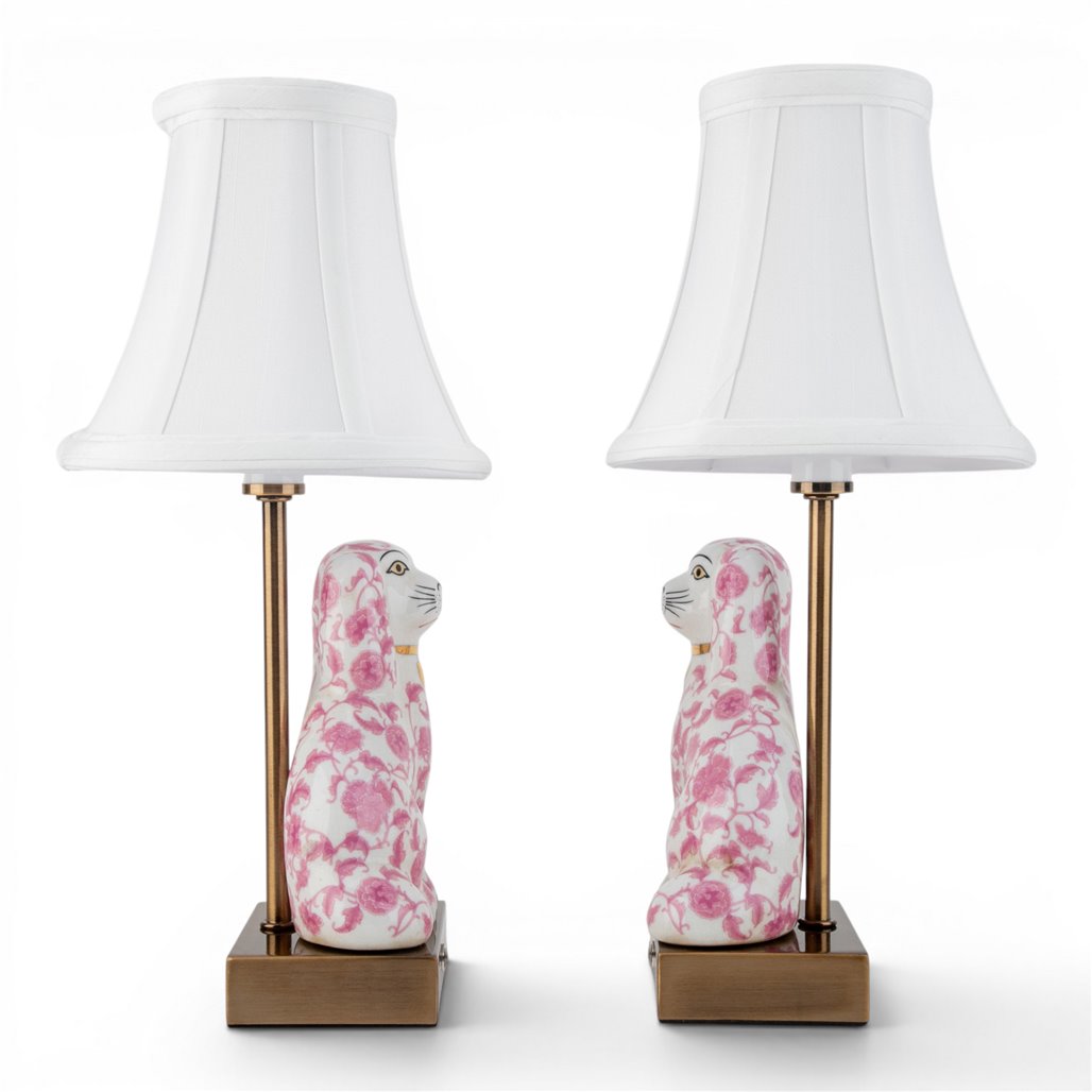 Danny's Fine Porcelain Home Decor Danny's Fine Porcelain Cordless Battery Rechargable Touch Lamp -Pink Floret Dog-Pair - Left and Right
