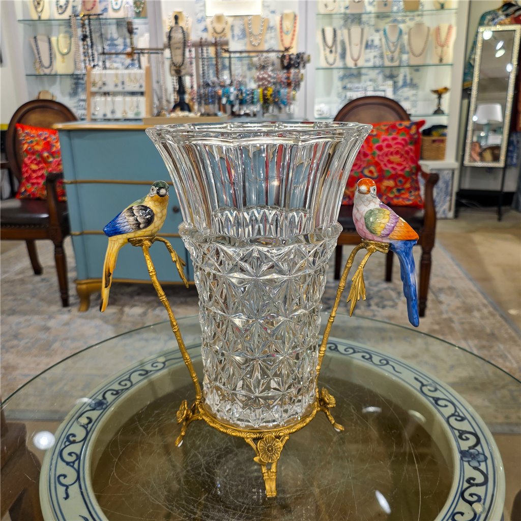 Danny's Fine Porcelain Home Decor Danny's Fine Porcelain Crystal Vase with Ormolu and Porcelain Birds-Crystal Clear