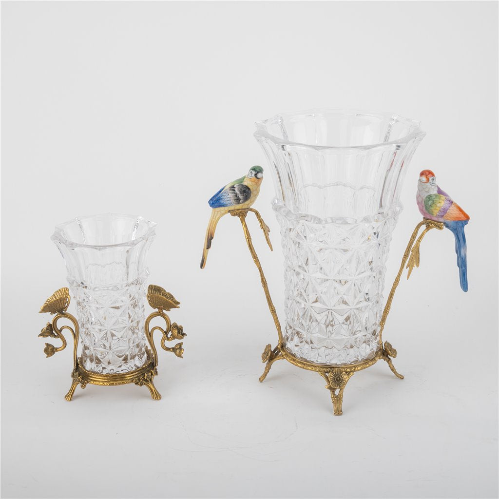 Danny's Fine Porcelain Home Decor Danny's Fine Porcelain Crystal Vase with Ormolu and Porcelain Birds-Crystal Clear