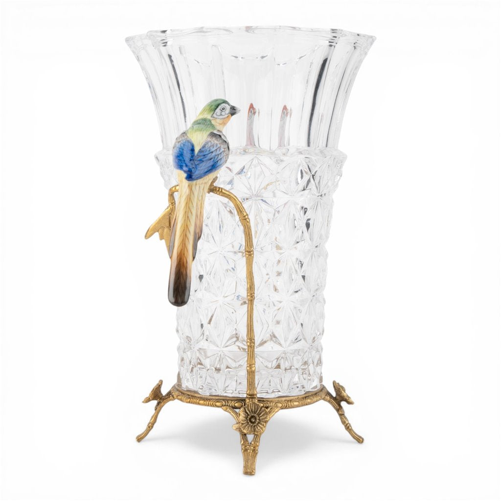 Danny's Fine Porcelain Home Decor Danny's Fine Porcelain Crystal Vase with Ormolu and Porcelain Birds-Crystal Clear