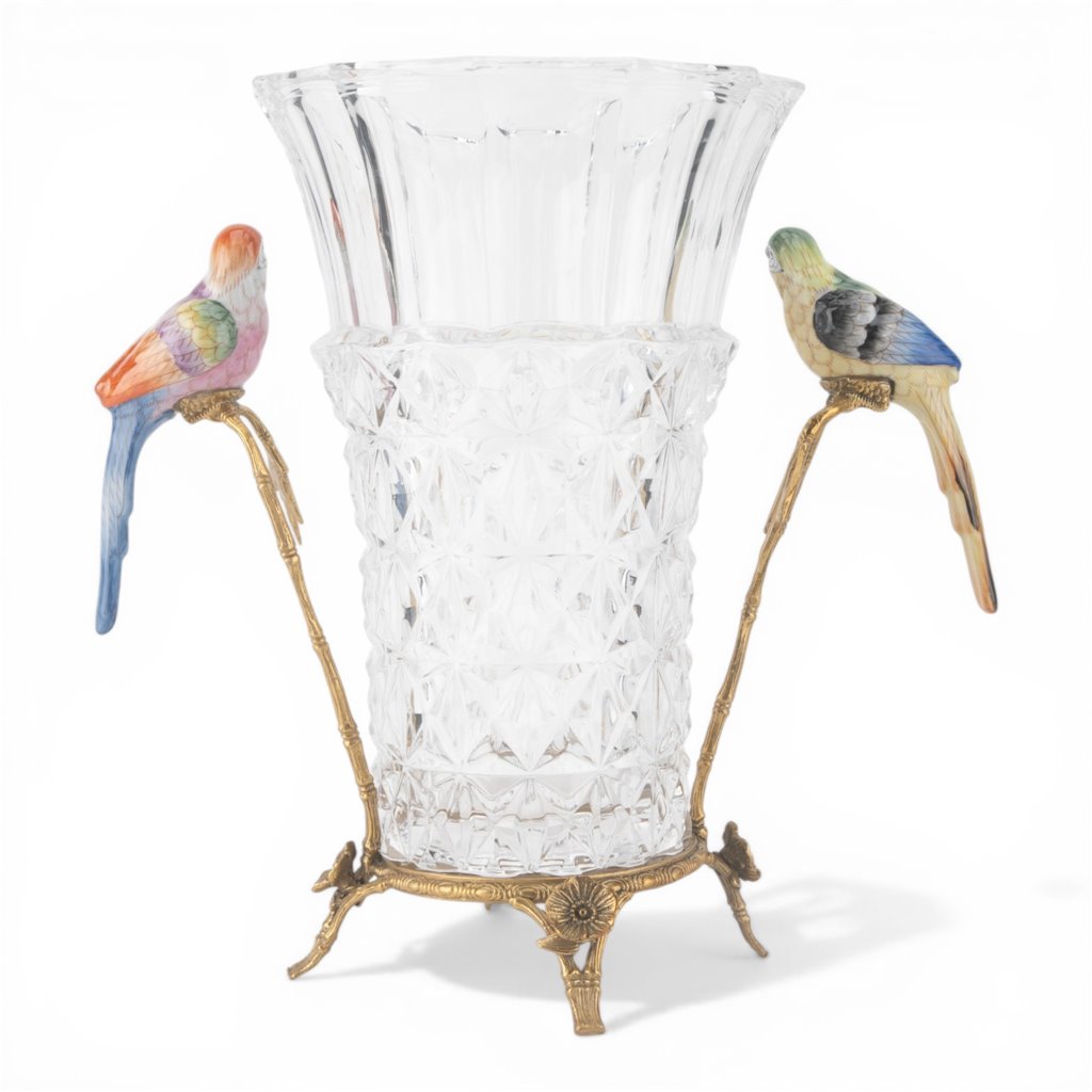 Danny's Fine Porcelain Home Decor Danny's Fine Porcelain Crystal Vase with Ormolu and Porcelain Birds-Crystal Clear