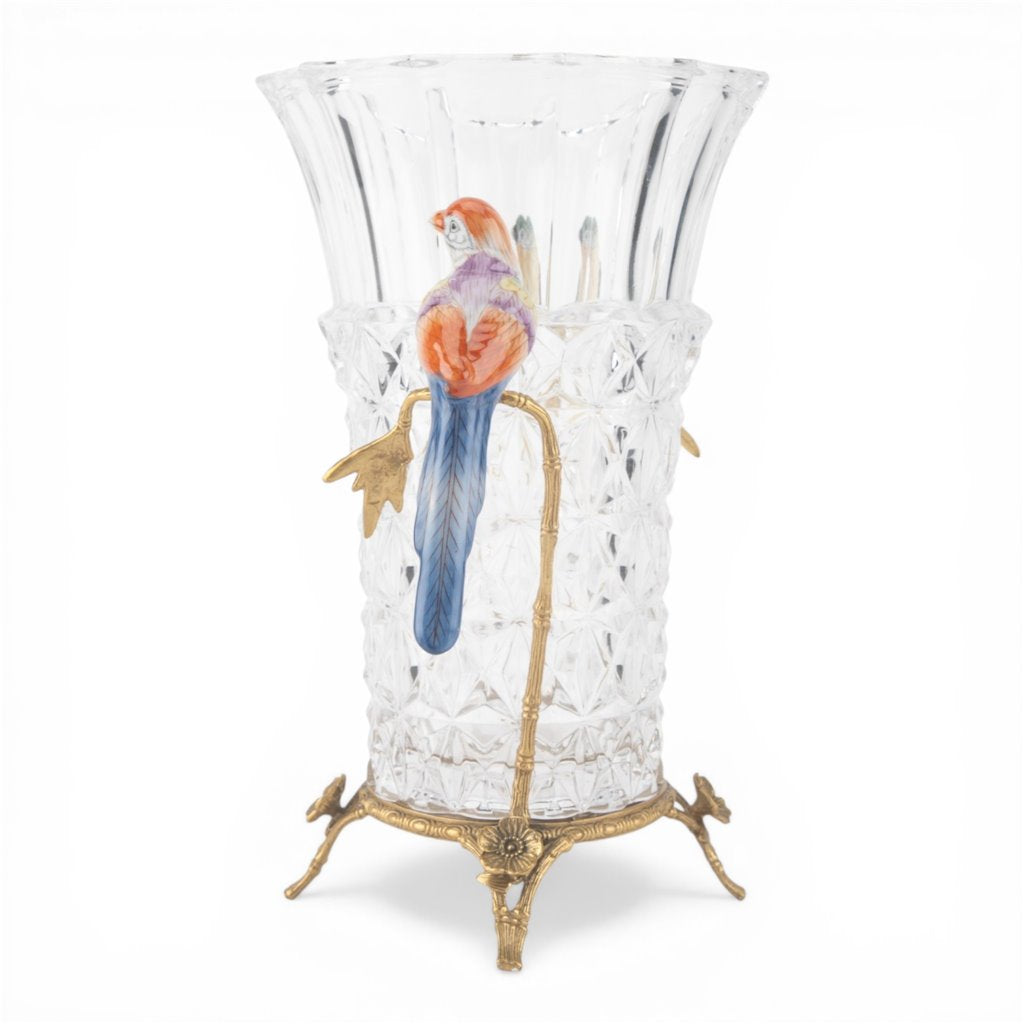 Danny's Fine Porcelain Home Decor Danny's Fine Porcelain Crystal Vase with Ormolu and Porcelain Birds-Crystal Clear