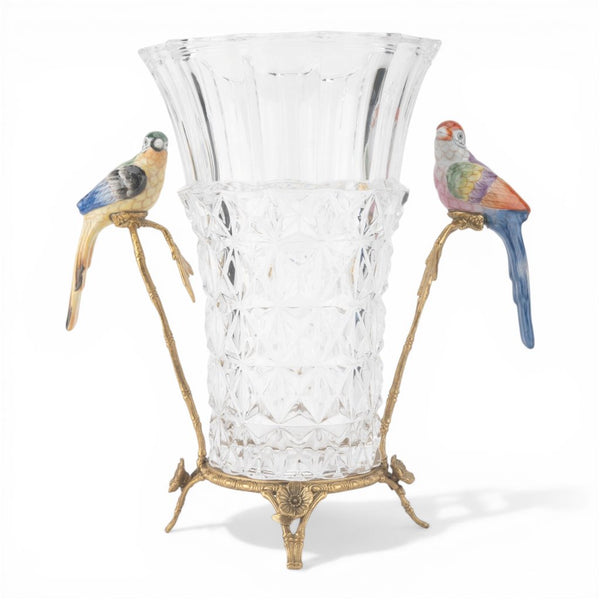 Danny's Fine Porcelain Home Decor Danny's Fine Porcelain Crystal Vase with Ormolu and Porcelain Birds-Crystal Clear