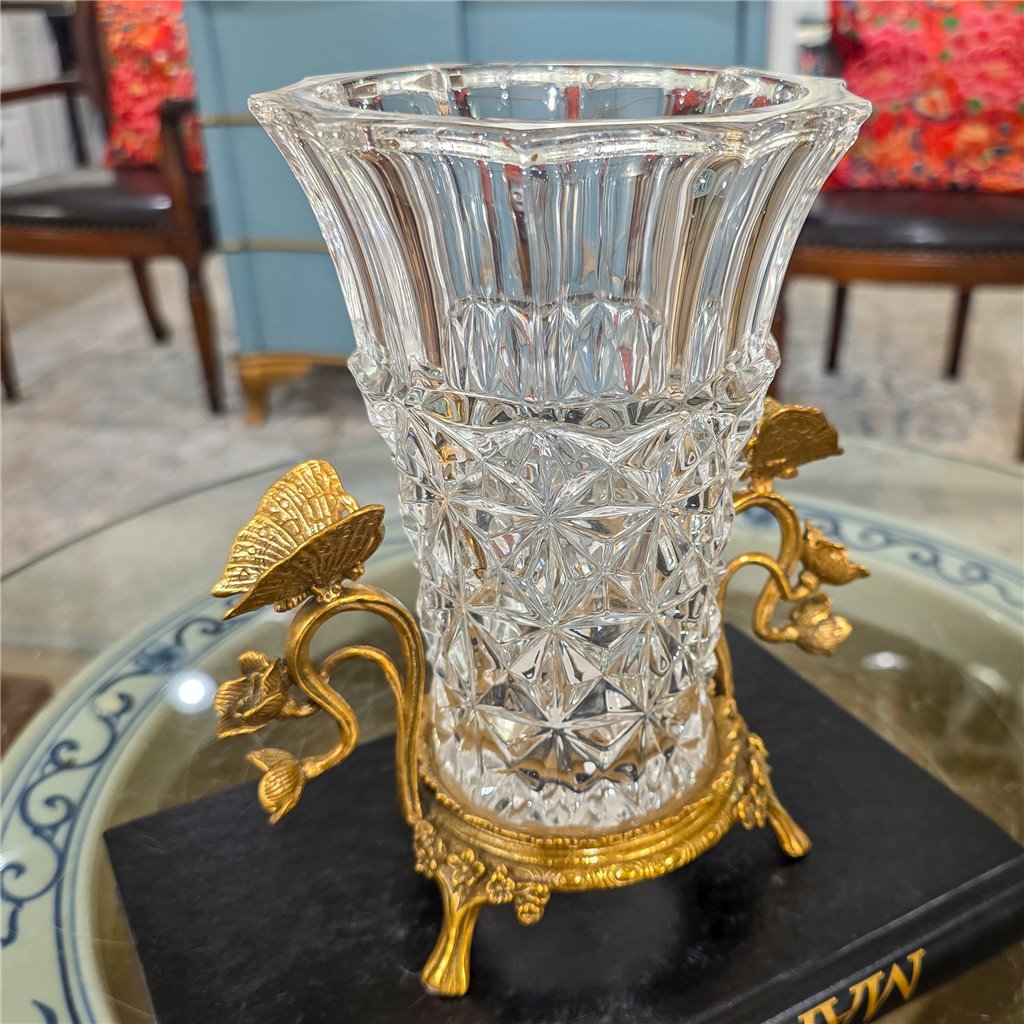Danny's Fine Porcelain Home Decor Danny's Fine Porcelain Crystal Vase with Ormolu Butterfly Handles-Crystal Clear