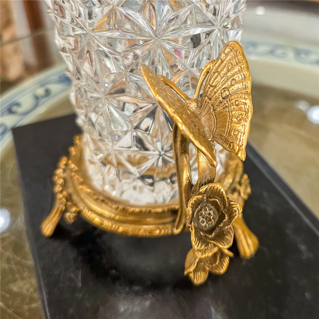 Danny's Fine Porcelain Home Decor Danny's Fine Porcelain Crystal Vase with Ormolu Butterfly Handles-Crystal Clear